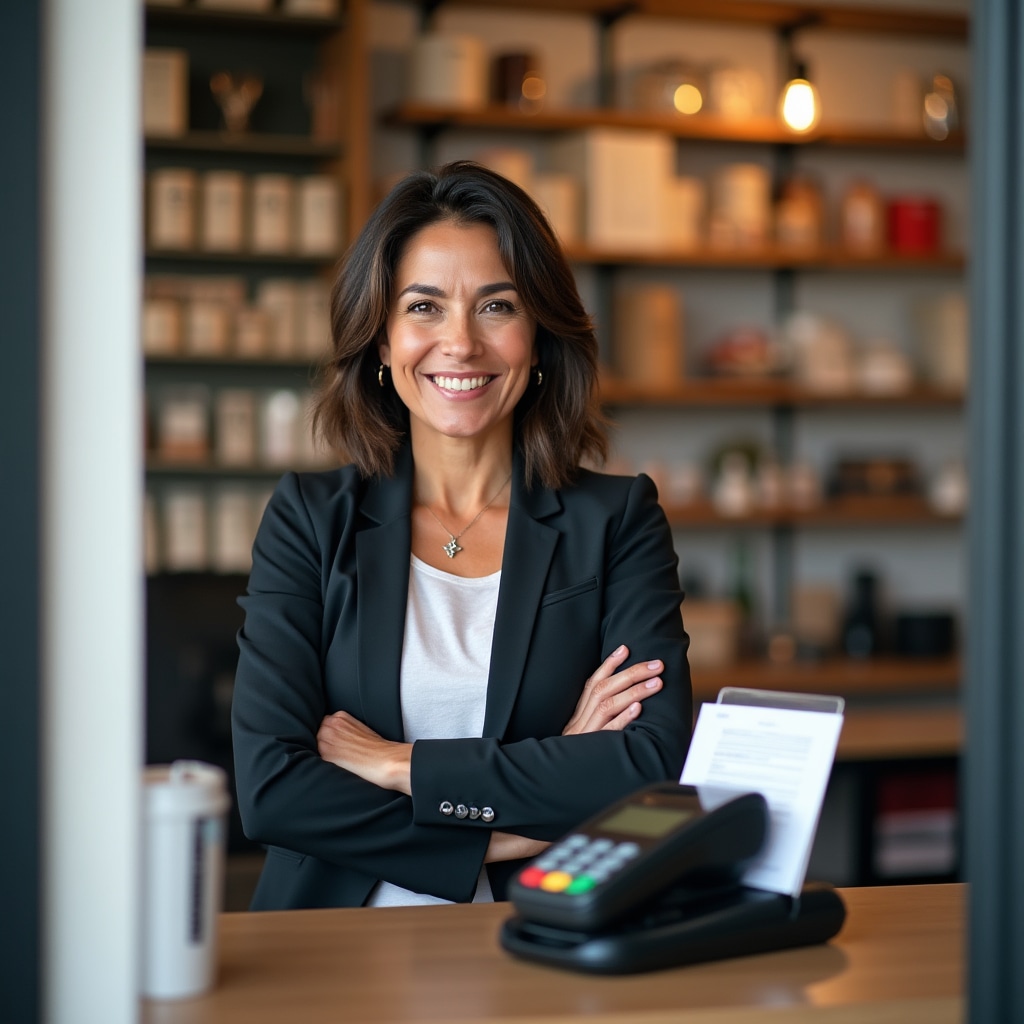 Confident business owner operating payment terminal