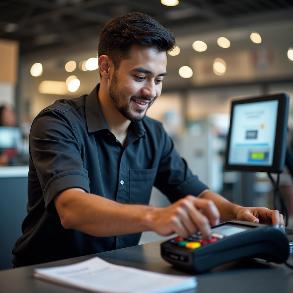 Employee practicing payment terminal operation during training