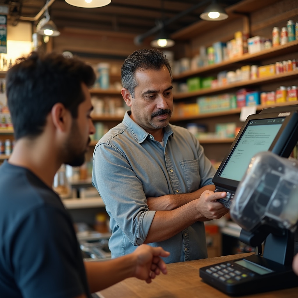 Small business owner learning to use payment terminal