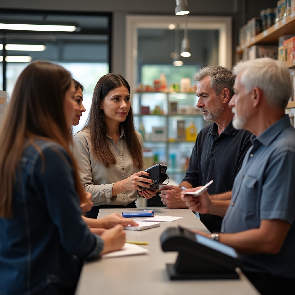 Business employees receiving hands-on training for payment system