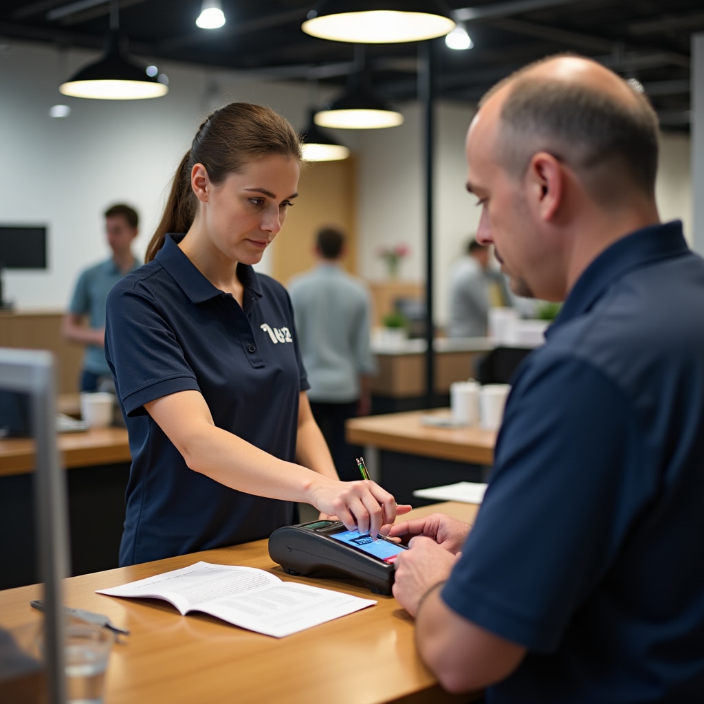 Training workshop with employees learning payment terminal operation